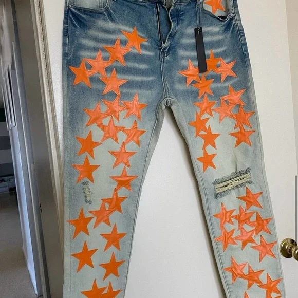 Orange Amiri Chemist Star Aged Leather Jeans size 34
